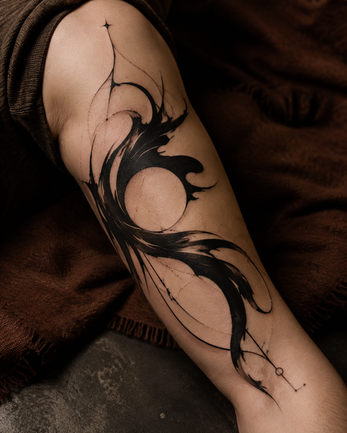 Synthetisches Tattoo-Stilkonzept: abstraktes Blackwork auf einem Oberarm.