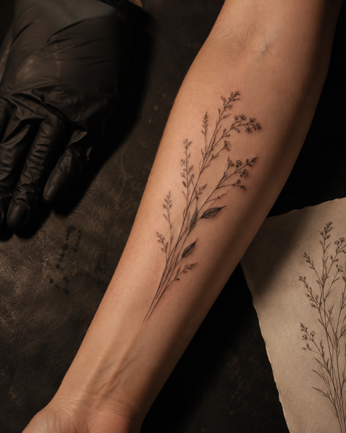 Synthetisches Tattoo-Stilkonzept: botanisches Fine-Line-Motiv auf einem Unterarm.