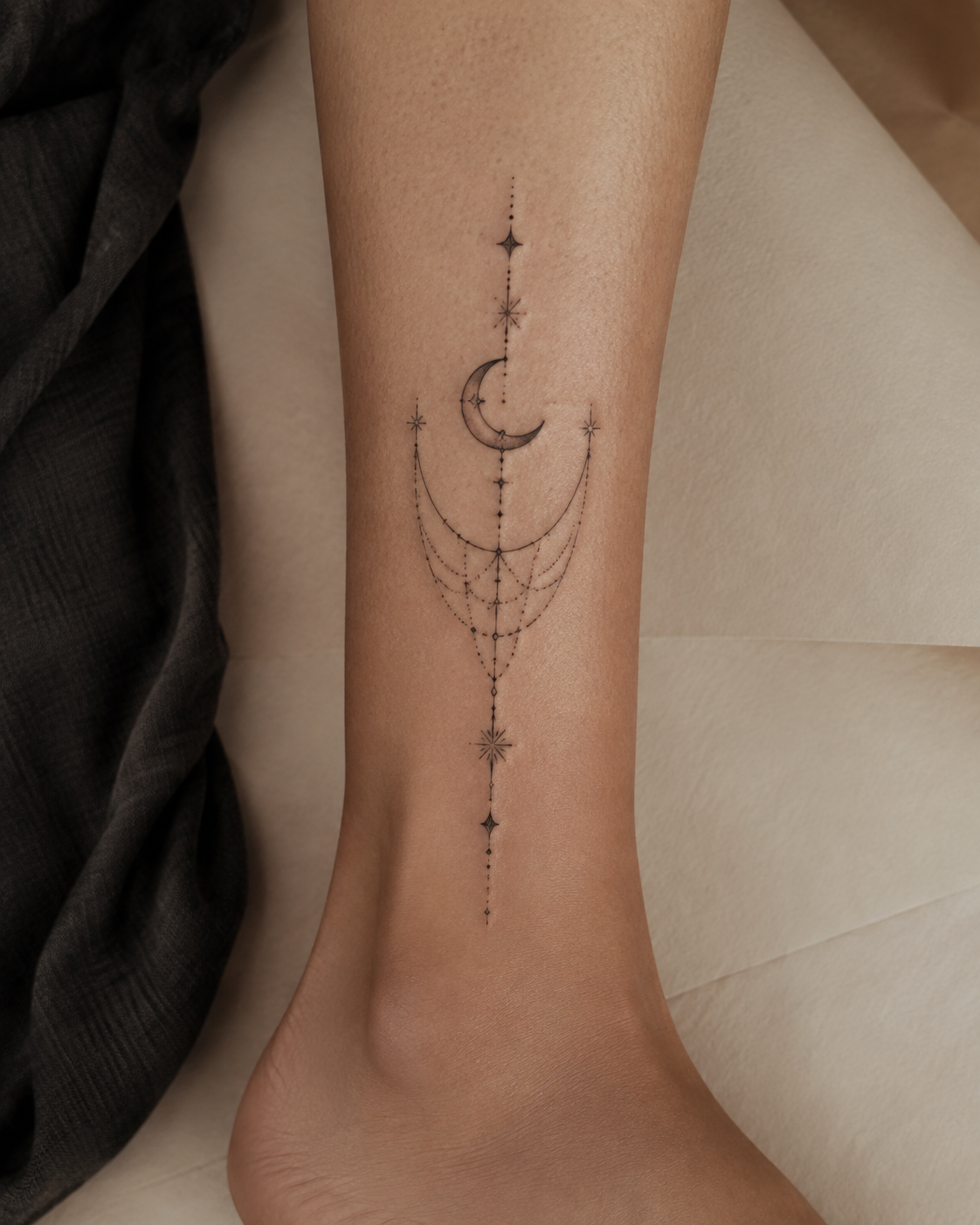 Synthetisches Tattoo-Stilkonzept: ornamentales Fine-Line-Motiv am Unterschenkel.
